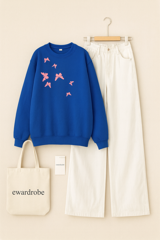 SHOULDER PINK BUTTERFLY ROYAL BLUE SWEATSHIRT WITH WHITE WIDE LEG JEANS