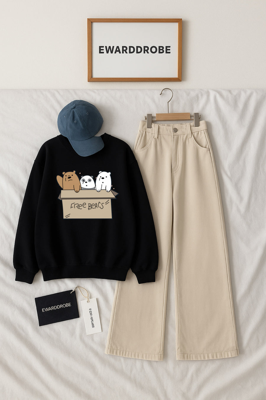 Free Bear Black Sweatshirt With Beige Wide Leg Jeans