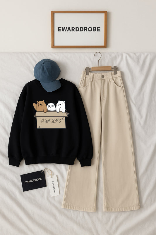 FREE BEAR BLACK SWEATSHIRT WITH BEIGE WIDE LEG JEANS