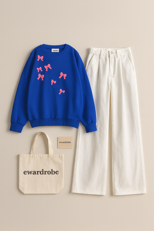 RIBBON PRINT ROYAL BLUE SWEATSHIRT WITH WHITE WIDE LEG JEANS