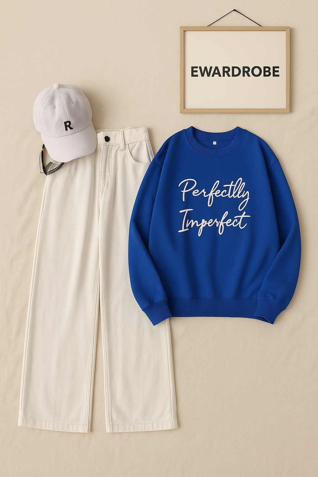 PERFECTLY IMPERFECT ROYAL BLUE SWEATSHIRT WITH WHITE WIDE LEG JEANS