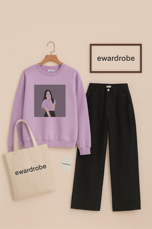 PURPLE BACKGROUND GIRL LILAC SWEATSHIRT WITH BLACK WIDE LEG