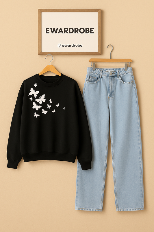 SHOULDER BUTTERFLY BLACK SWEATSHIRT WITH ICE BLUE WIDE LEG JEANS
