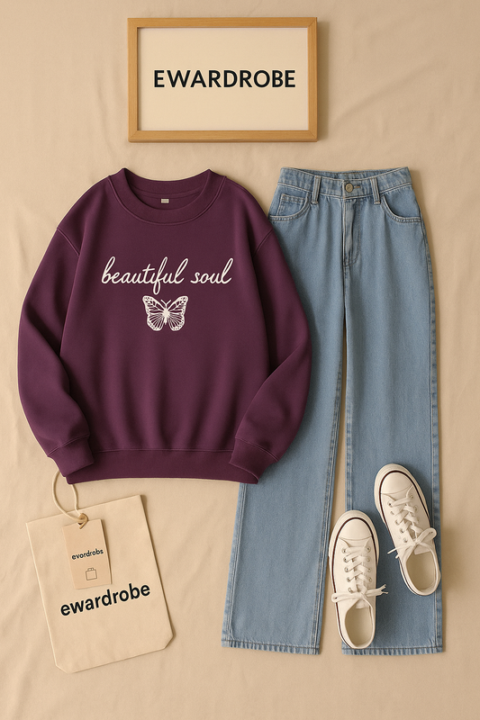 BEAUTIFUL SOUL BUTTERFLY PURPLE SWEATSHIRT WITH ICE BLUE WIDE LEG JEANS