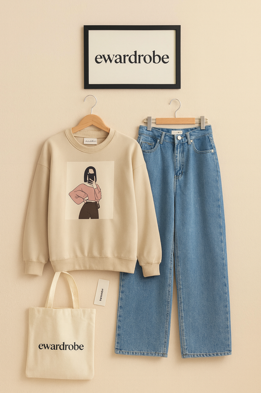 OFF SHOULDER GIRL SKIN SWEATSHIRT WITH MID BLUE WIDE LEG JEANS