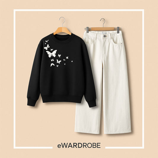 SHOULDER BUTTERFLY BLACK SWEATSHIRT WITH WHITE WIDE LEG JEANS