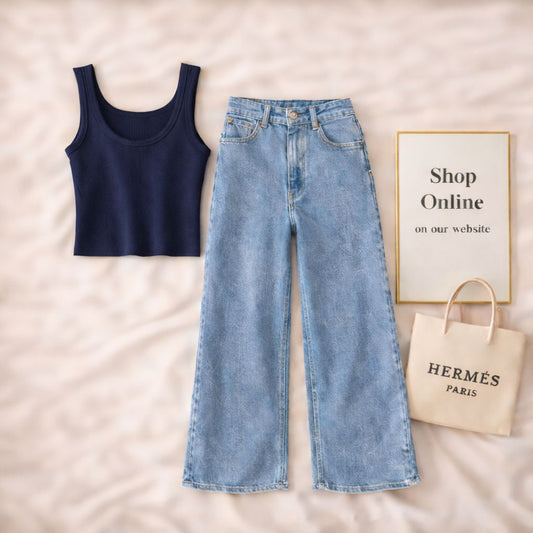 NAVY BLUE TANK TOP WITH ICE BLUE WIDE LEG JEANS