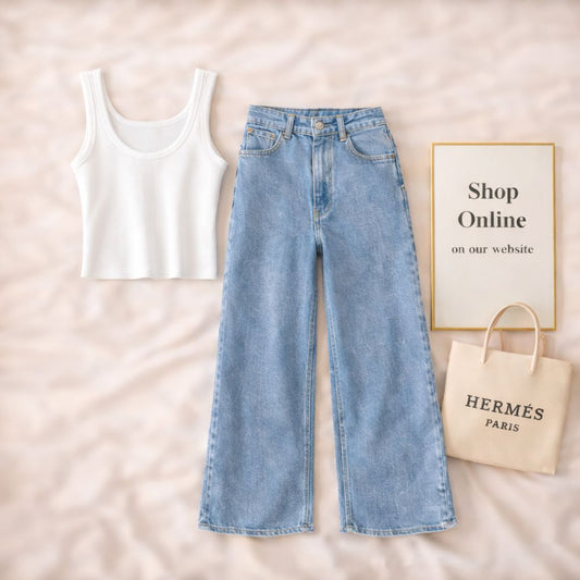 WHITE TANK TOP WITH ICE BLUE WIDE LEG JEANS