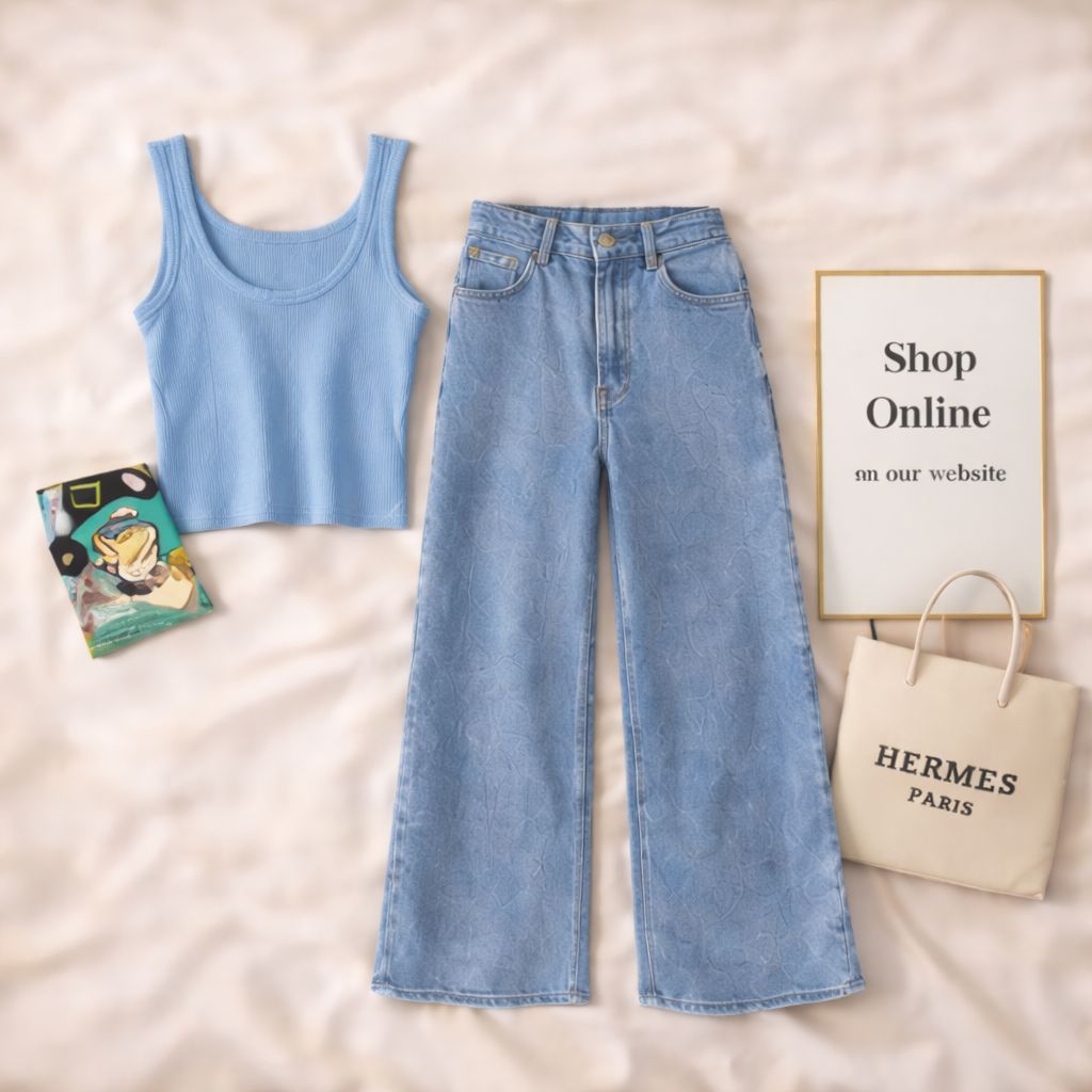 SKY BLUE TANK TOP WITH ICE BLUE WIDE LEG JEANS