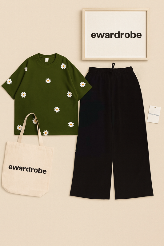 OLIVE TSHIRT SUNFLOWER ALL OVER WITH BLACK FLAPPER