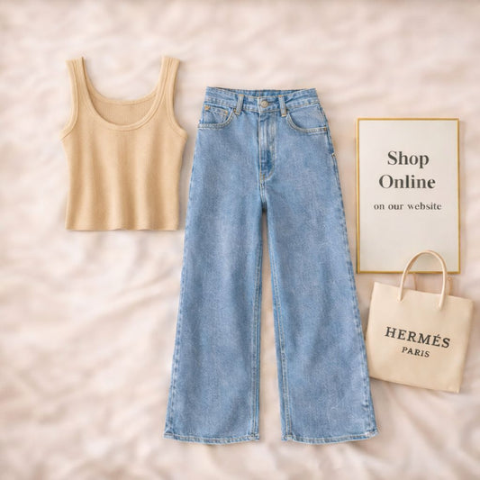 BEIGE TANK TOP WITH SKY BLUE WIDE LEG JEANS