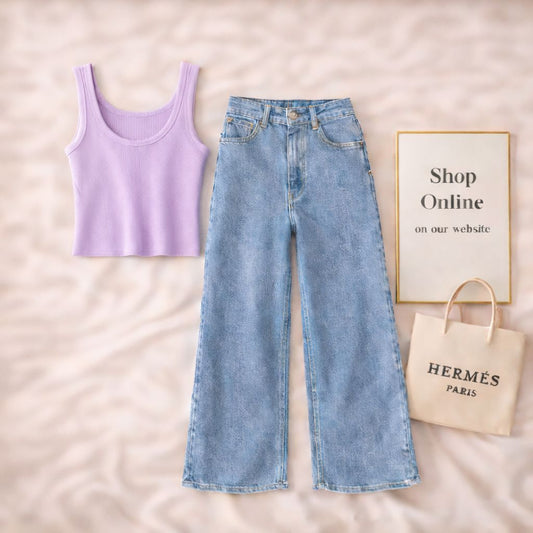 LILAC TANK TOP WITH ICE BLUE WIDE LEG JEANS
