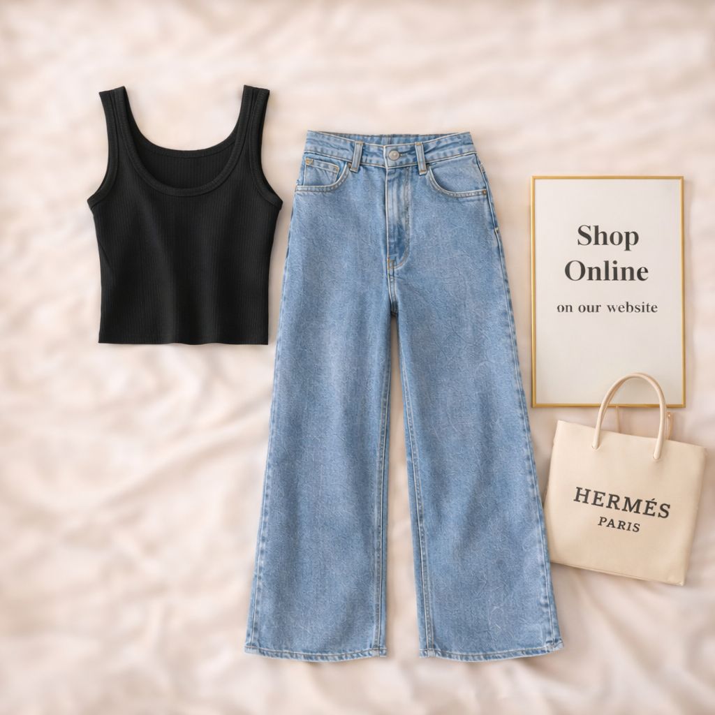 BLACK TANK TOP WITH ICE BLUE WIDE LEG JEANS