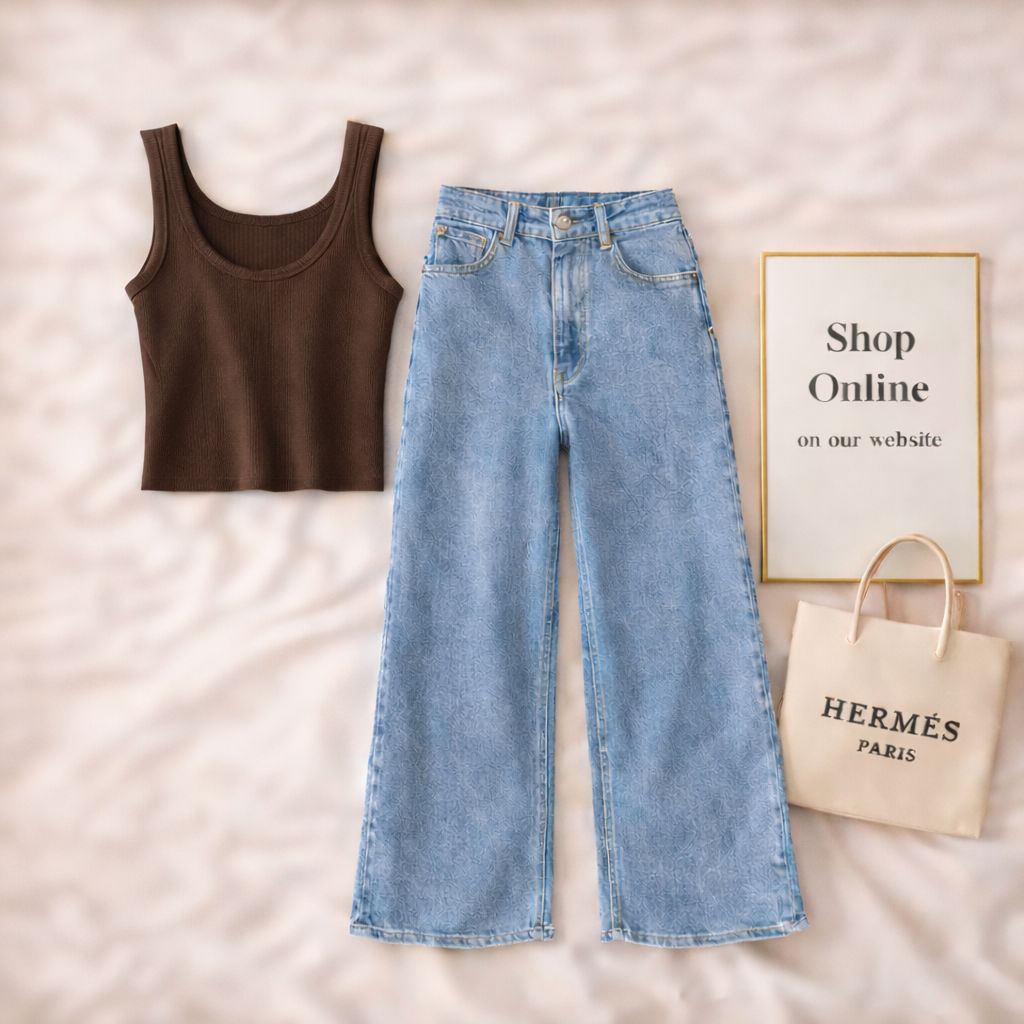 BROWN TANK TOP WITH ICE BLUE WIDE LEG JEANS