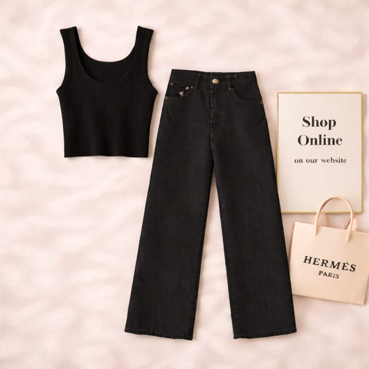 BLACK TANK TOP WITH BLACK WIDE LEG JEANS