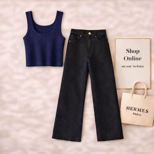 BLUE TANK TOP WITH BLACK WIDE LEG JEANS