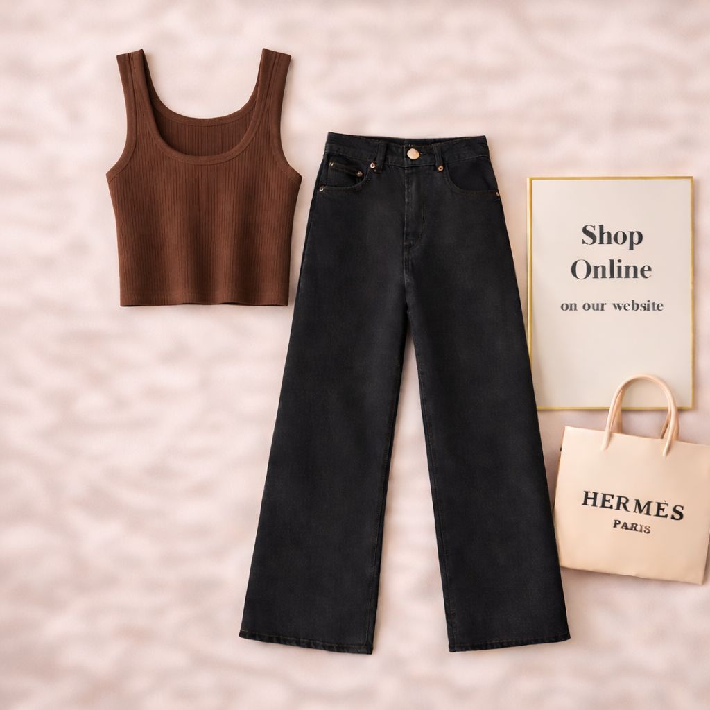 BROWN TANK TOP WITH BLACK WIDE LEG JEANS