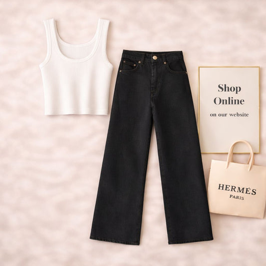 WHITE TANK TOP WITH BLACK WIDE LEG JEANS