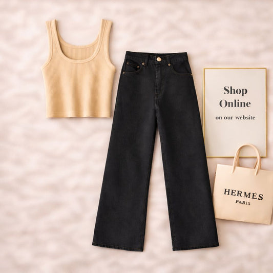 BEIGE TANK TOP WITH BLACK WIDE LEG JEANS