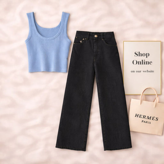 SKY BLUE TANK TOP WITH BLACK WIDE LEG JEANS