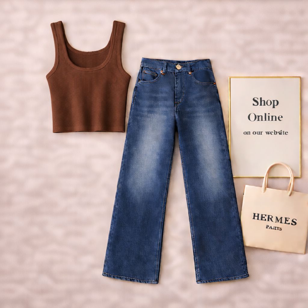 BROWN TANK TOP WITH DARK BLUE WIDE LEG JEANS