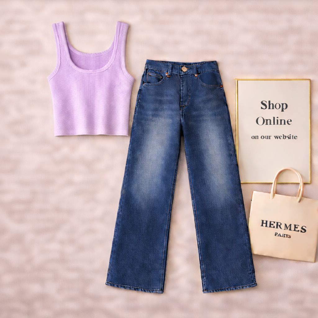 LILAC TANK TOP WITH DARK BLUE WIDE LEG JEANS