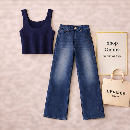 NAVY BLUE TANK TOP WITH DARK BLUE WIDE LEG JEANS