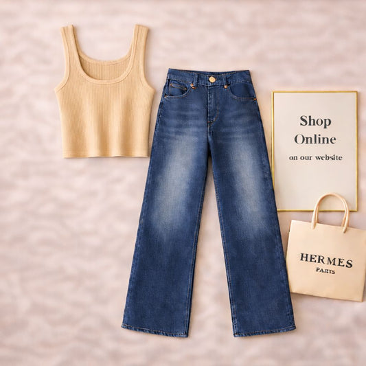BEIGE TANK TOP WITH DARK BLUE WIDE LEG JEANS