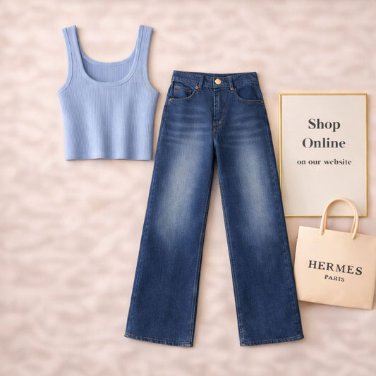 SKY BLUE TANK TOP WITH DARK BLUE WIDE LEG JEANS