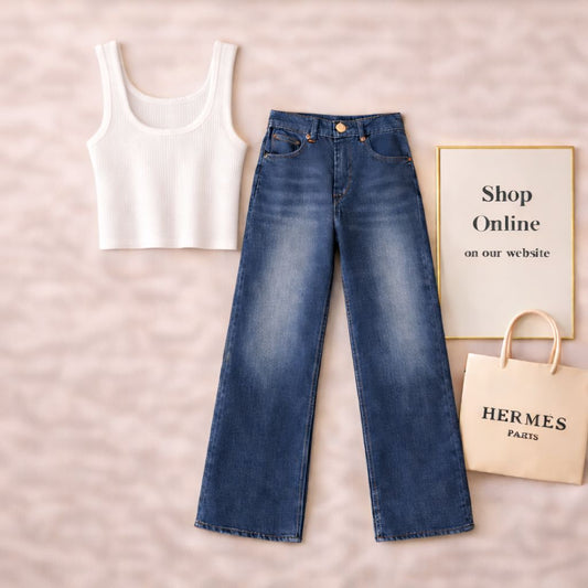 WHITE TANK TOP WITH DARK BLUE WIDE LEG JEANS