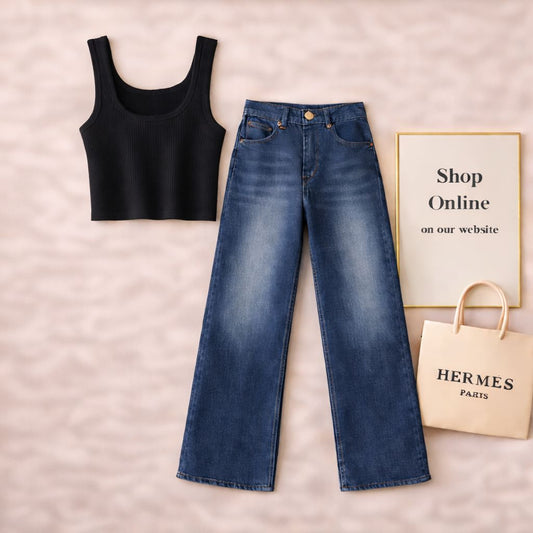BLACK TANK TOP WITH DARK BLUE WIDE LEG JEANS