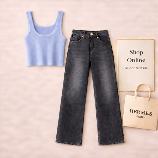 SKY BLUE TANK TOP WITH BLACK MALAYSIAN WIDE LEG JEANS
