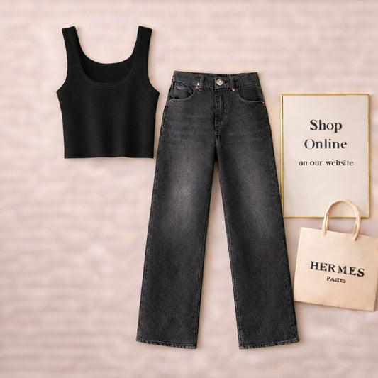 BLACK TANK TOP WITH BLACK MALAYSIAN WIDE LEG JEANS