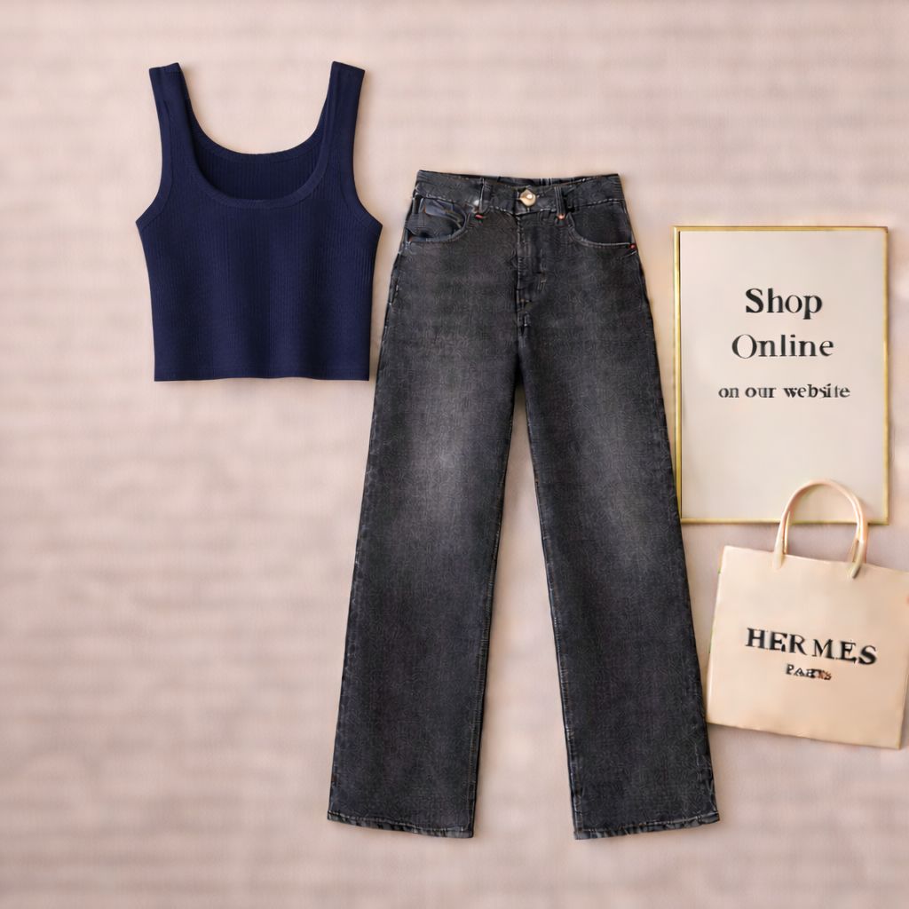 NAVY BLUE TANK TOP WITH BLACK MALAYSIAN WIDE LEG JEANS