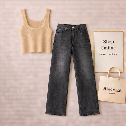 BEIGE TANK TOP WITH BLACK MALAYSIAN WIDE LEG JEANS