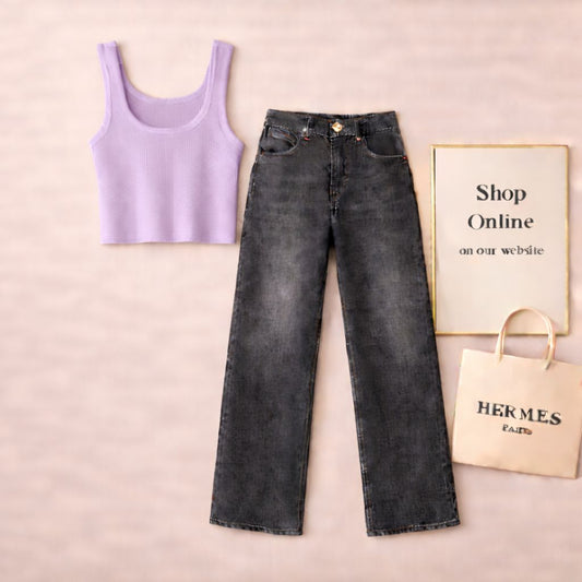 LILAC TANK TOP WITH BLACK MALAYSIAN WIDE LEG JEANS