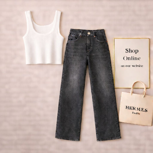 WHITE TANK TOP WITH BLACK MALAYSIAN WIDE LEG JEANS