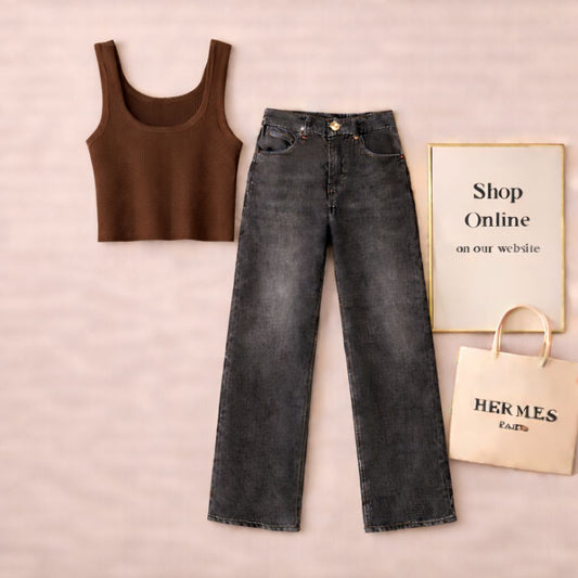 BROWN TANK TOP WITH BLACK MALAYSIAN WIDE LEG JEANS
