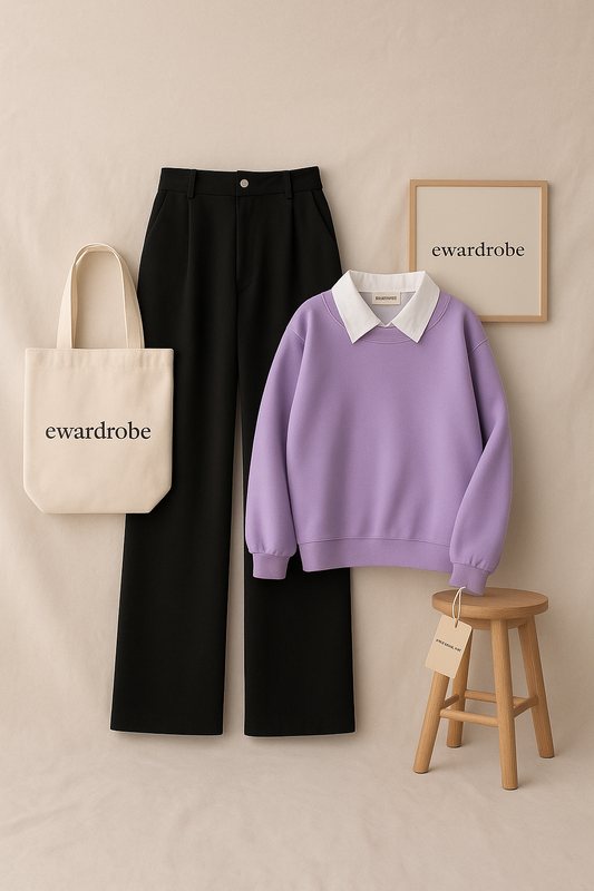 LILAC COLLAR SWEATSHIRT BLACK WIDE LEG JEANS