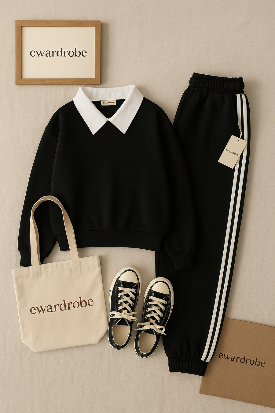 Black Collar Sweatshirt with 3 Stripes Trouser