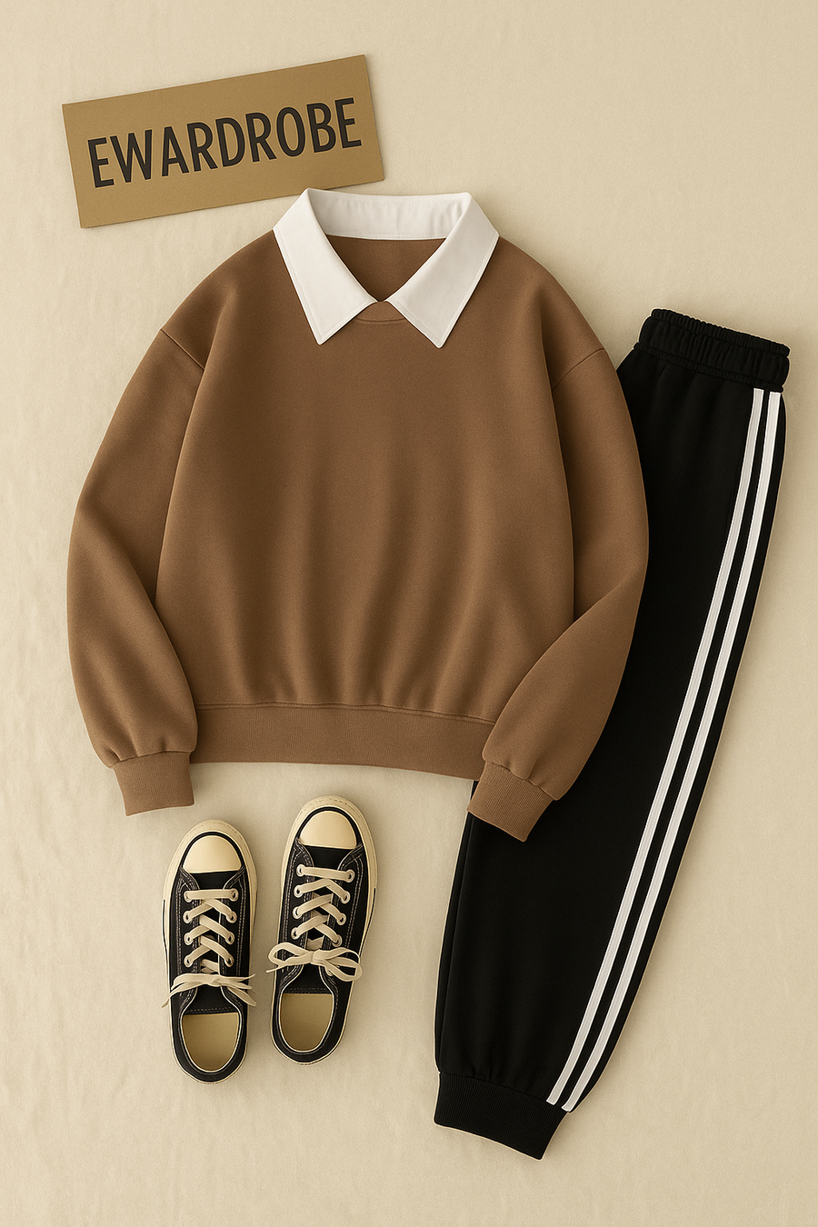 Brown Collar Sweatshirt with 3 Stripes Trouser