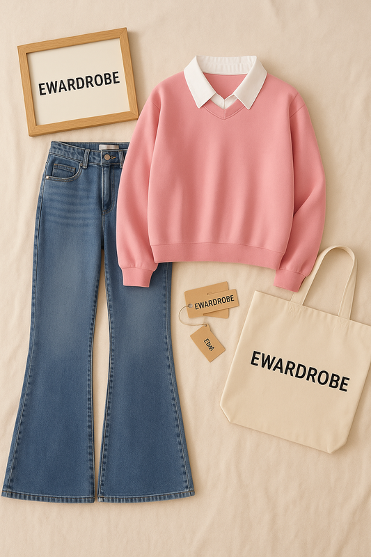 PINK COLLAR SWEAT SHIRT WITH MID BLUE BELL BOTTOM