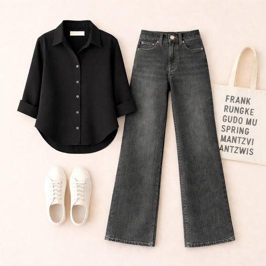 BLACK BUTTON SHIRT WITH BLACK MALAYSIAN WIDE LEG JEANS