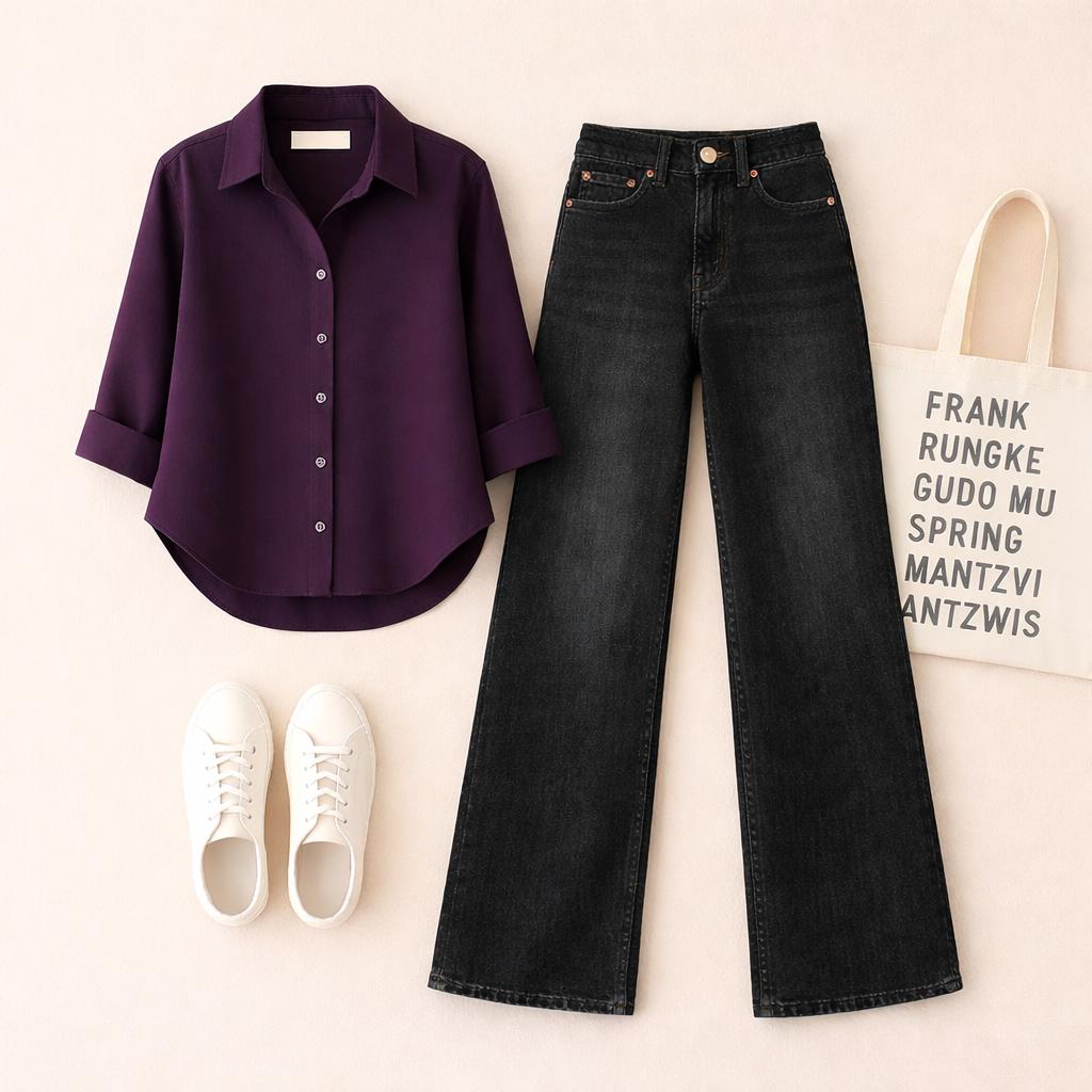 PURPLE BUTTON SHIRT WITH BLACK WIDE LEG JEANS