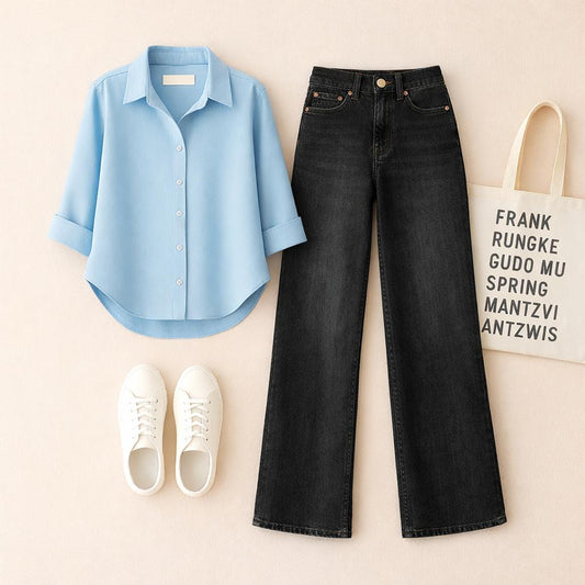 SKY BLUE BUTTON SHIRT WITH BLACK WIDE LEG JEANS