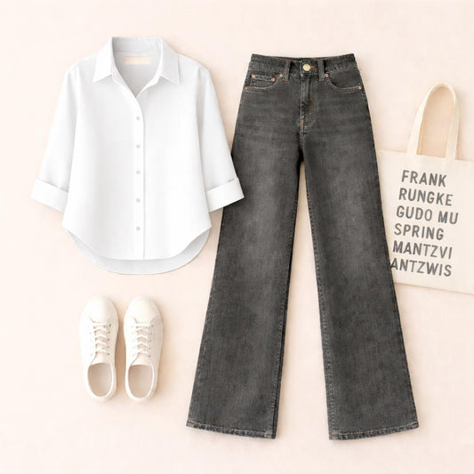 WHITE BUTTON SHIRT WITH BLACK MALAYSIAN WIDE LEG JEANS