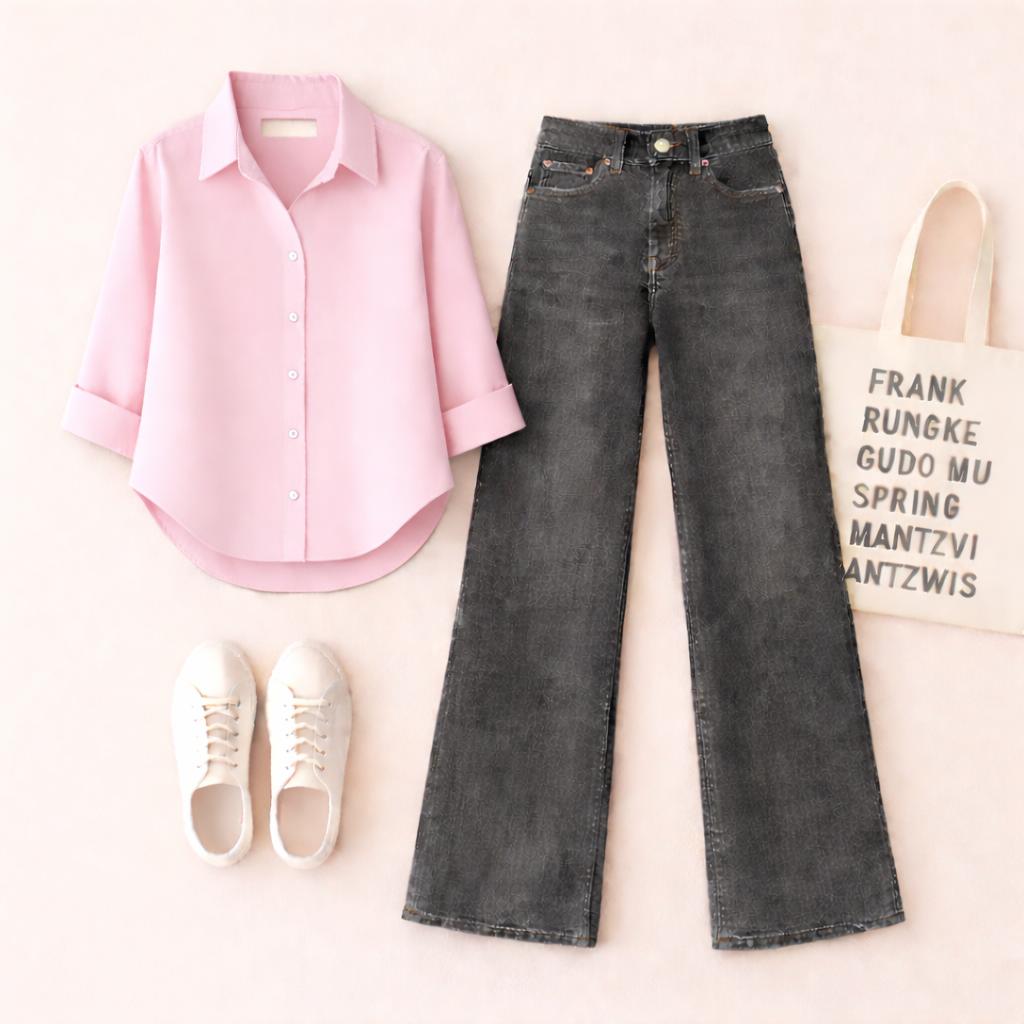 PINK BUTTON SHIRT WITH BLACK MALAYSIAN WIDE LEG JEANS