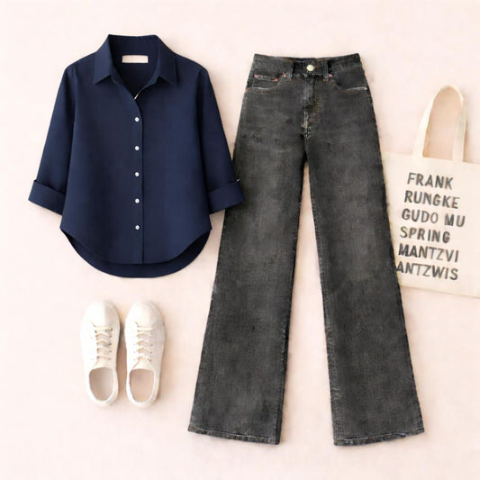 NAVY BLUE BUTTON SHIRT WITH BLACK MALAYSIAN WIDE LEG JEANS