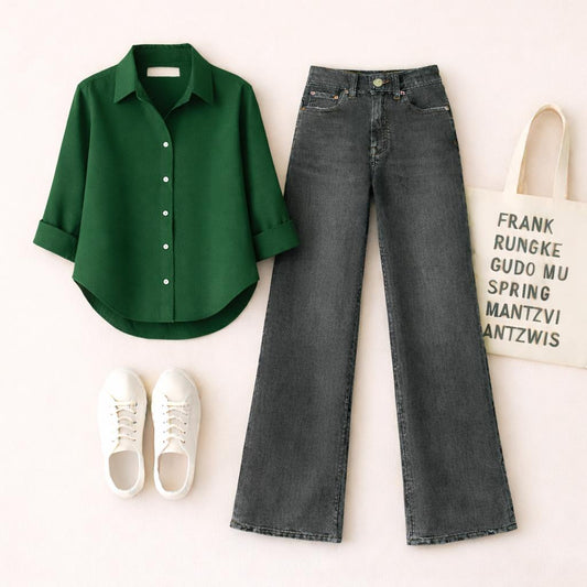 DARK GREEN BUTTON SHIRT WITH BLACK MALAYSIAN WIDE LEG JEANS