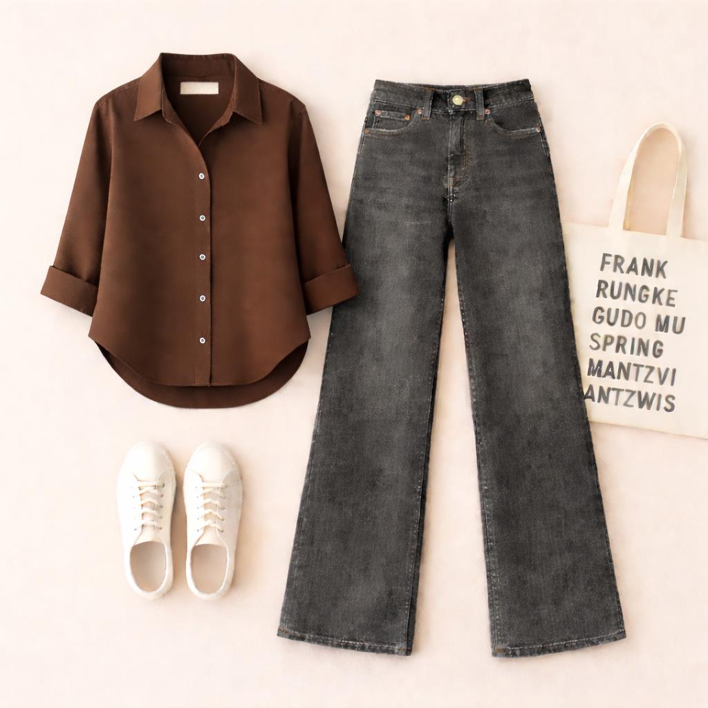 BROWN BUTTON SHIRT WITH BLACK MALAYSIAN WIDE LEG JEANS